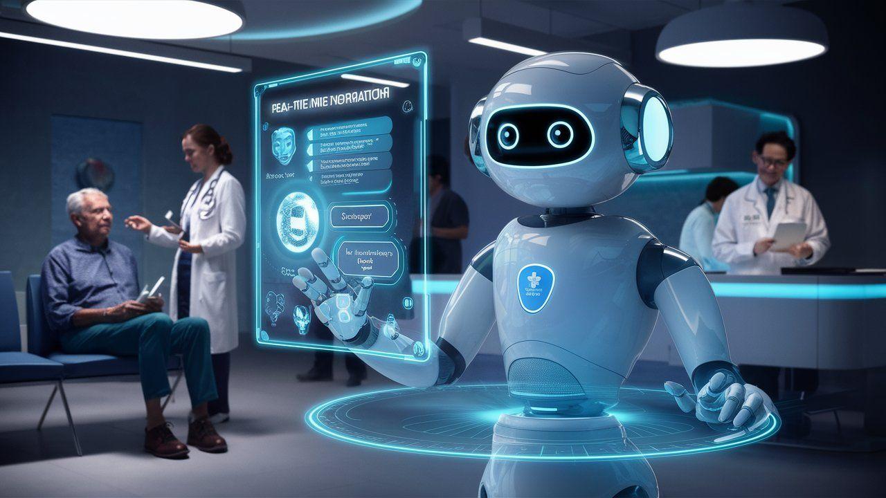 Robotic healthcare assistant interacting with a holographic interface in a futuristic medical facility.